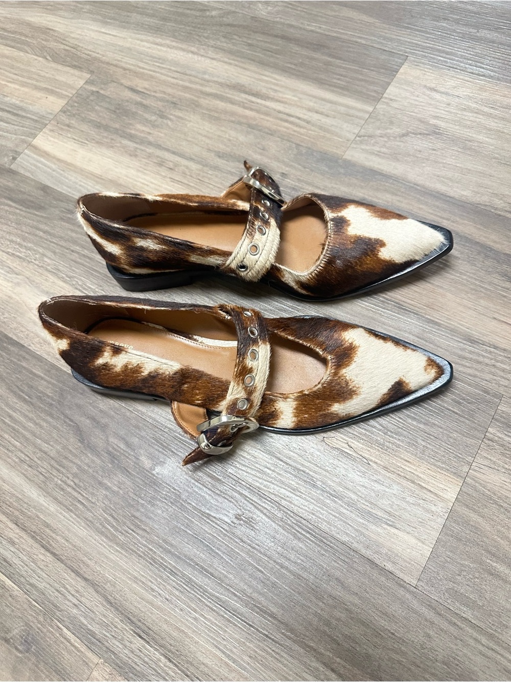 Maeve Anthropologie Cow Hide Pointed Moto Toe Mary Jane Flats - Picture 4 of 6
